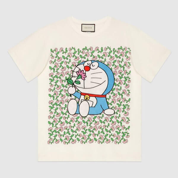 DORAEMON グッチ◆ドラえもん コラボ コットン Tシャツ偽物 お花畑柄♪ 615044XJDIF 9095