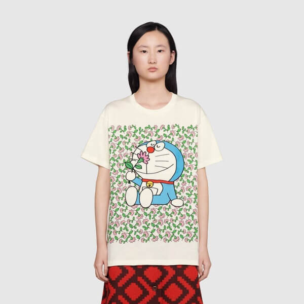 DORAEMON グッチ◆ドラえもん コラボ コットン Tシャツ偽物 お花畑柄♪ 615044XJDIF 9095