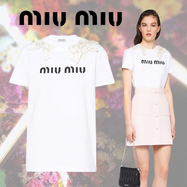 ☆大人気☆【MIU MIU 偽物】刺繍入り ジャージー Tシャツ リボン MJN2921YMTF072K