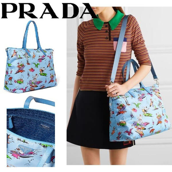 PRADA テクスチャード レザートリム プリントシェル トート