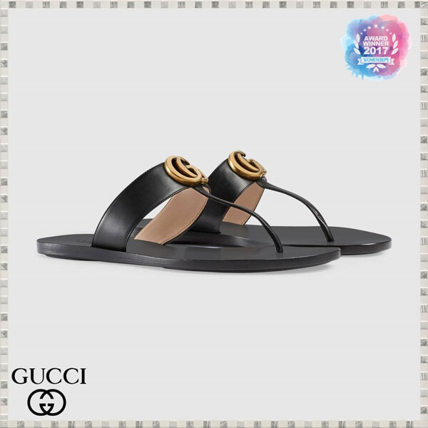 2019新作限定 グッチスーパーコピー ダブルG付 レザー トングサンダル LEATHER THONG SANDAL WITH DOUBLE G_497444 A3N00 1000