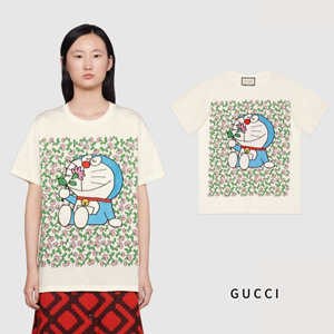 DORAEMON グッチ◆ドラえもん コラボ コットン Tシャツ偽物 お花畑柄♪ 615044XJDIF 9095